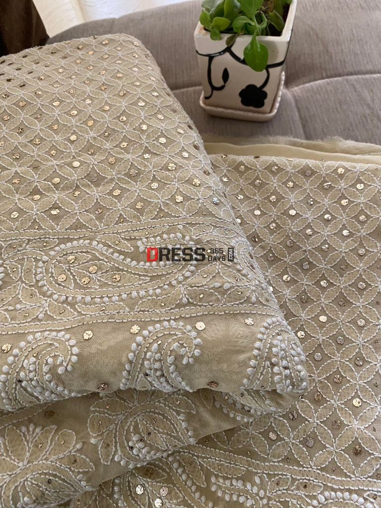 Beige Chikankari & Mukaish Saree