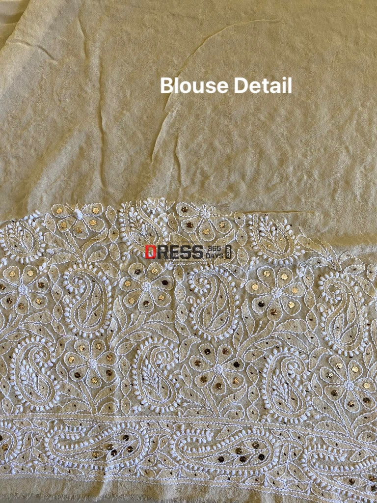 Beige Chikankari & Mukaish Saree