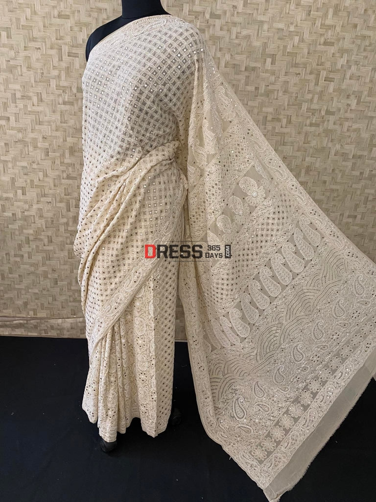 Beige Chikankari & Mukaish Saree