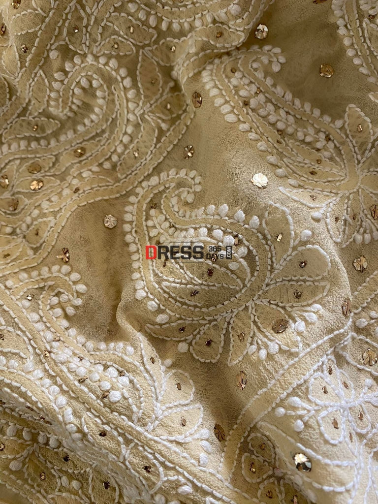 Beige Chikankari & Mukaish Saree