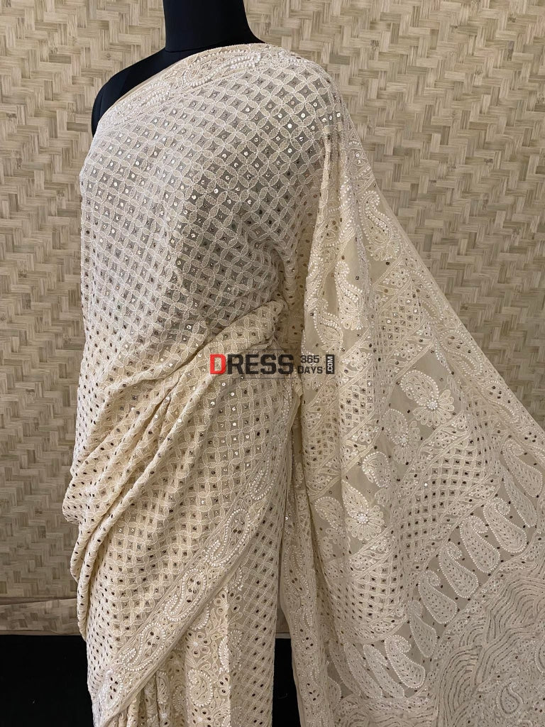 Beige Chikankari & Mukaish Saree