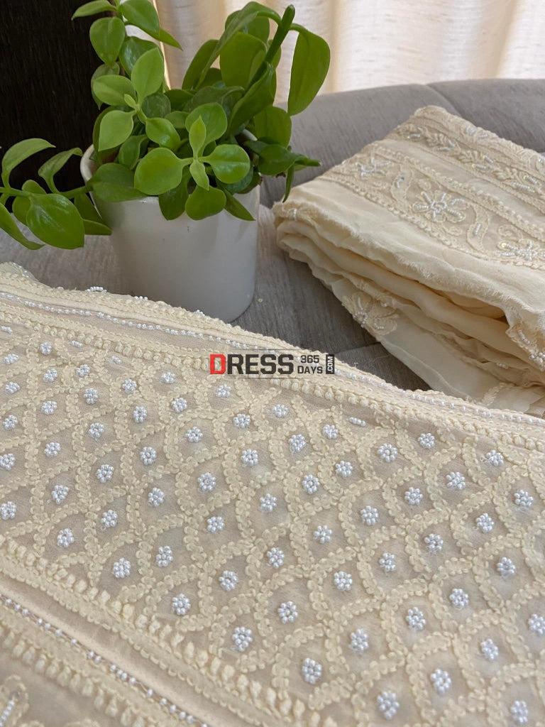 Beige Chikankari & Pearl Anarkali Suit