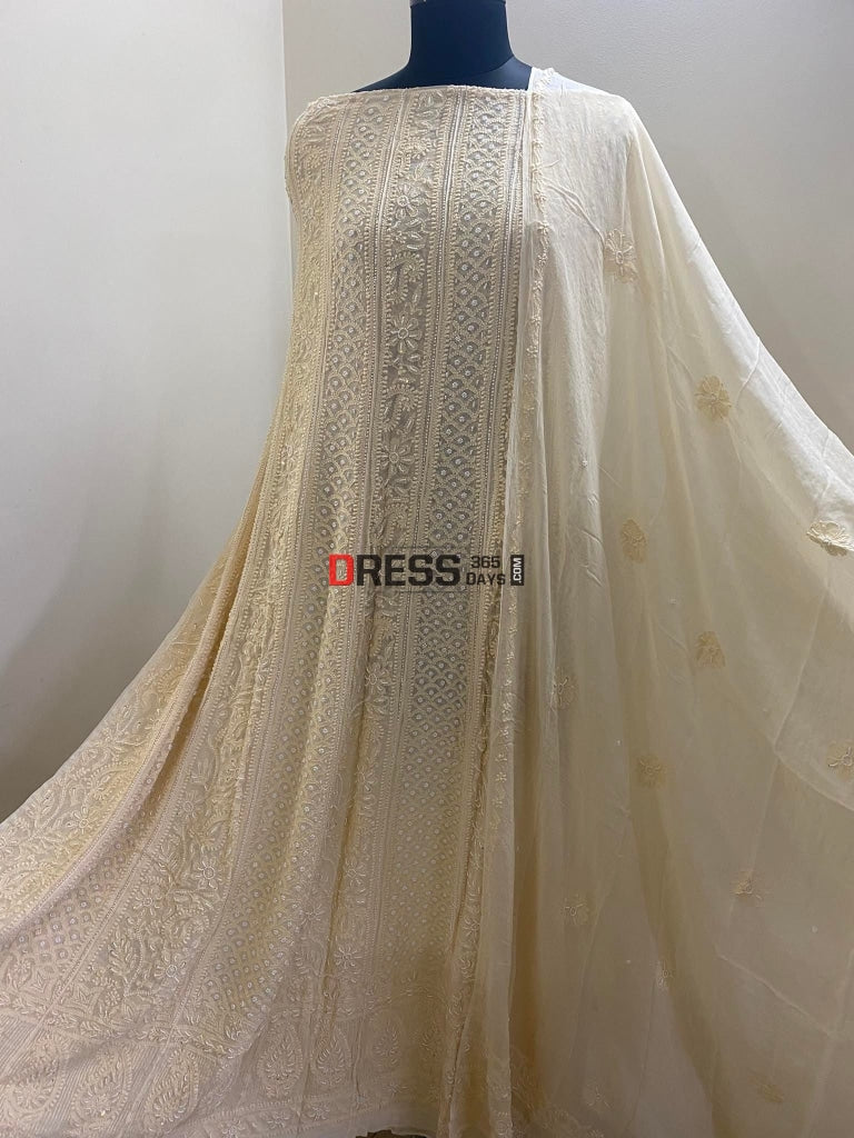 Beige Chikankari & Pearl Anarkali Suit