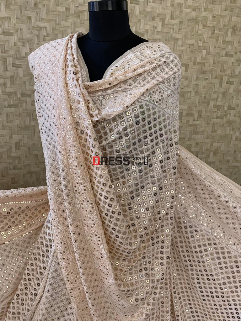 Beige Chikankari Ring Mukaish Lehenga Set