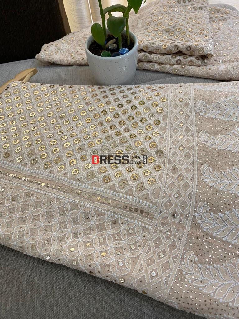 Beige Chikankari Ring Mukaish Lehenga Set