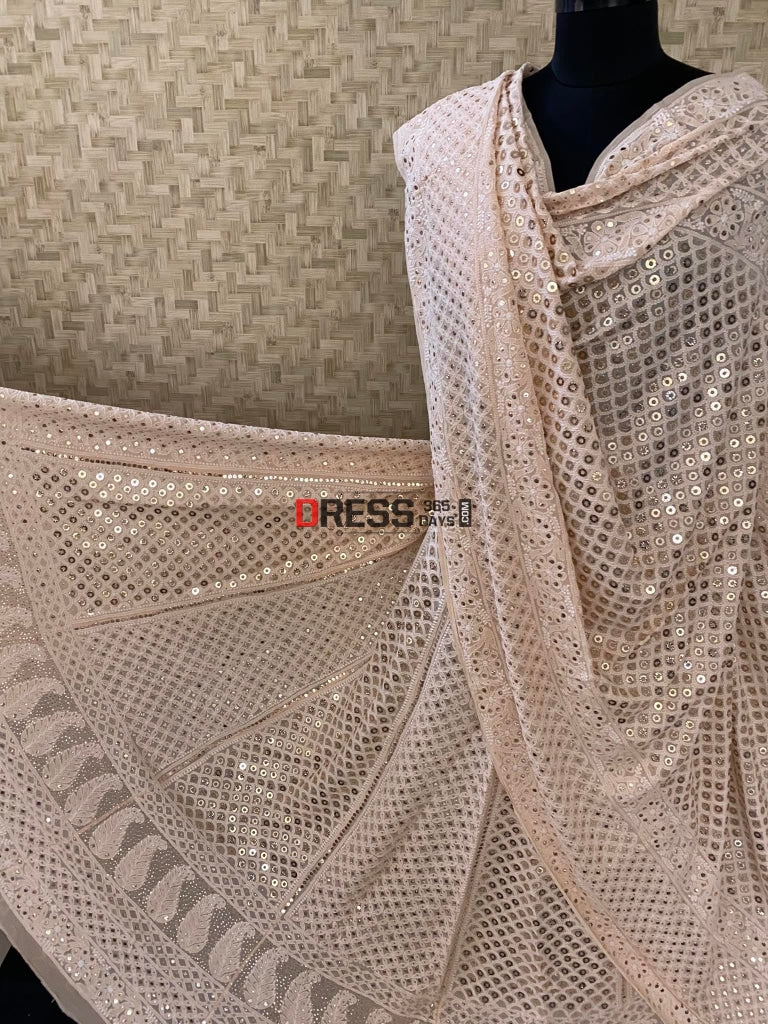 Beige Chikankari Ring Mukaish Lehenga Set