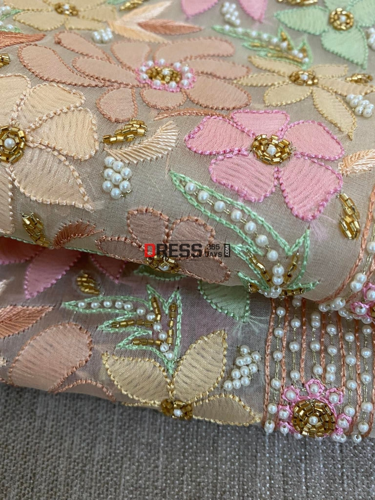 Beige Exclusive Organza Pearls Chikankari Suit Suits