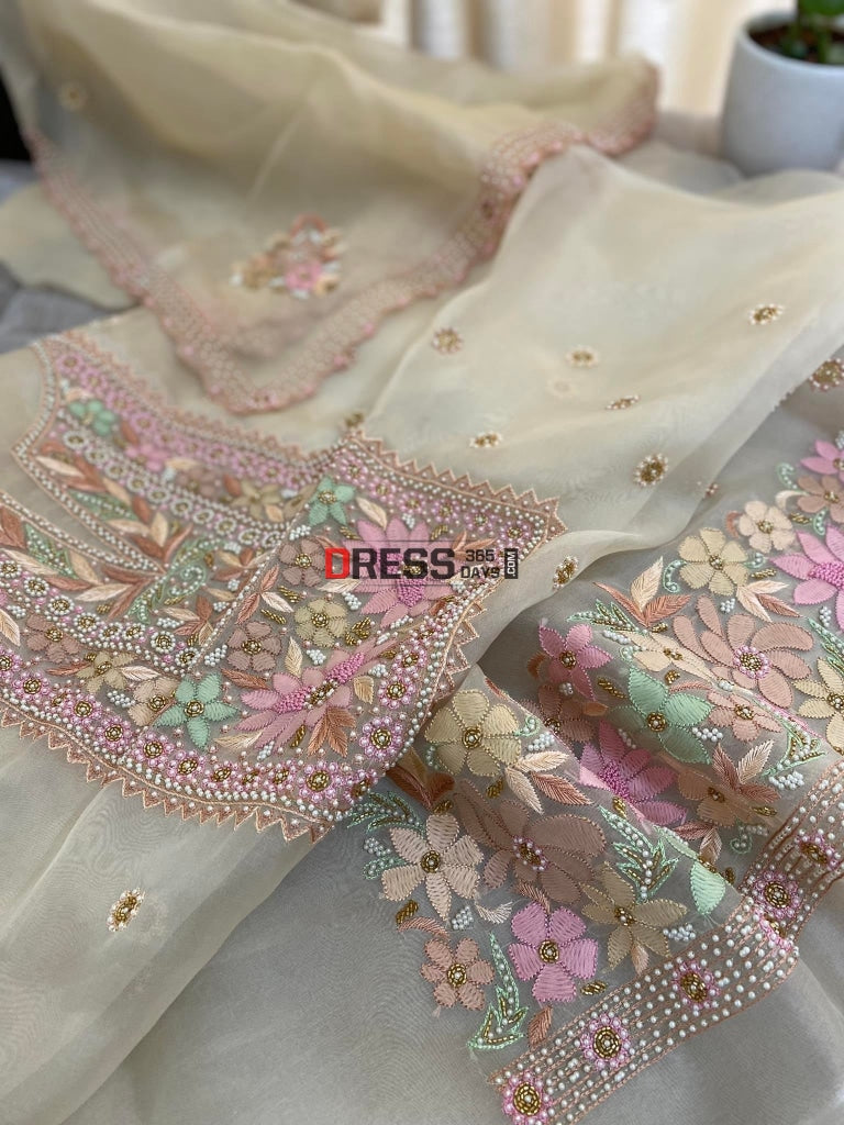 Beige Exclusive Organza Pearls Chikankari Suit Suits