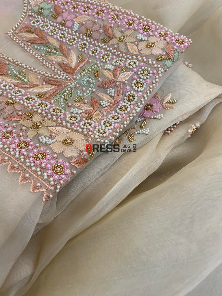 Beige Exclusive Organza Pearls Chikankari Suit Suits