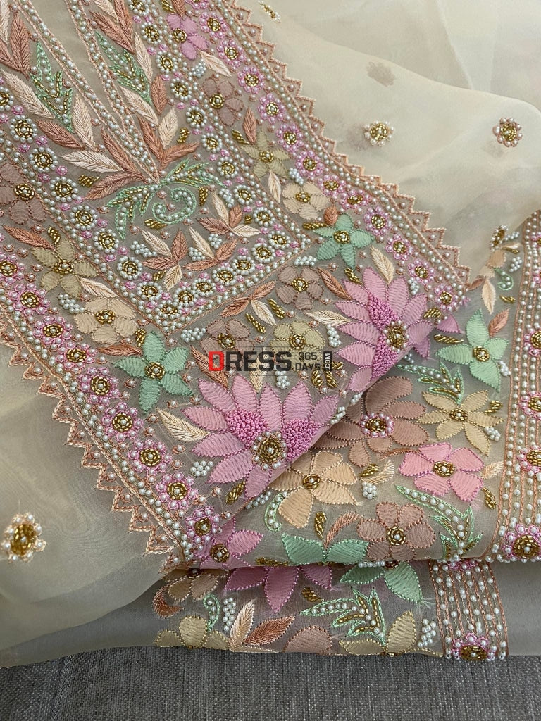 Beige Exclusive Organza Pearls Chikankari Suit Suits