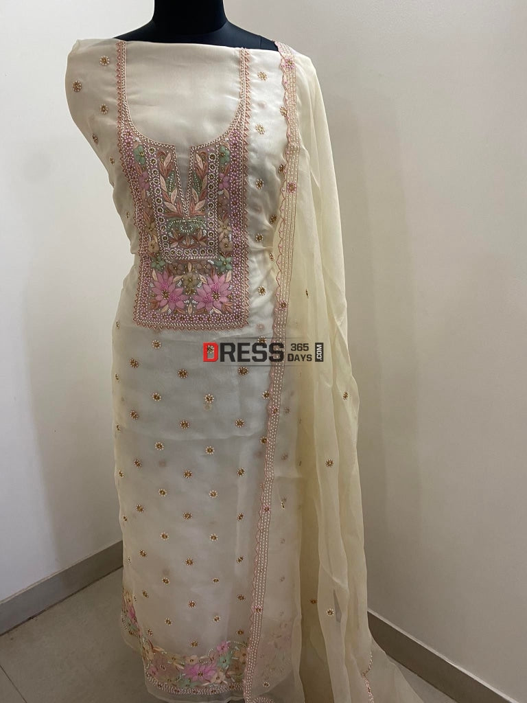 Beige Exclusive Organza Pearls Chikankari Suit Suits