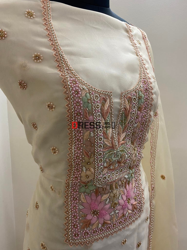 Beige Exclusive Organza Pearls Chikankari Suit Suits