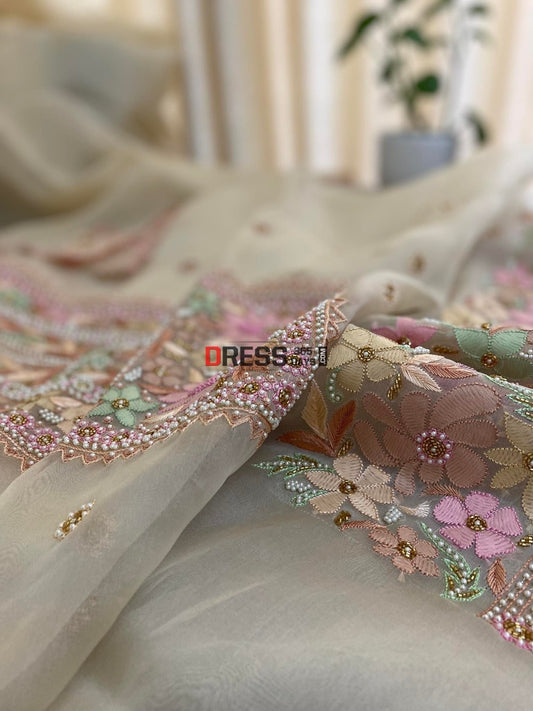 Beige Exclusive Organza Pearls Chikankari Suit Suits