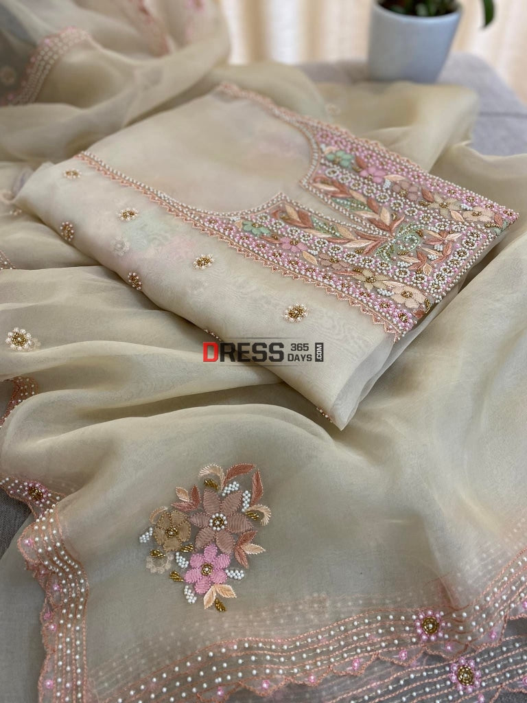 Beige Exclusive Organza Pearls Chikankari Suit Suits