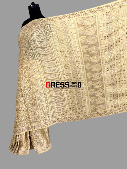 Beige Gota Patti Chikankari Saree - Dress365days
