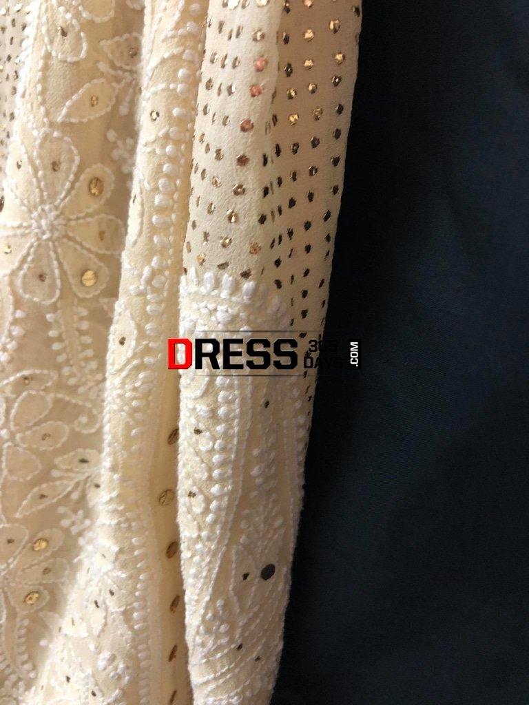 Beige Hand Embroidered Mukaish Chikankari Anarkali Suit