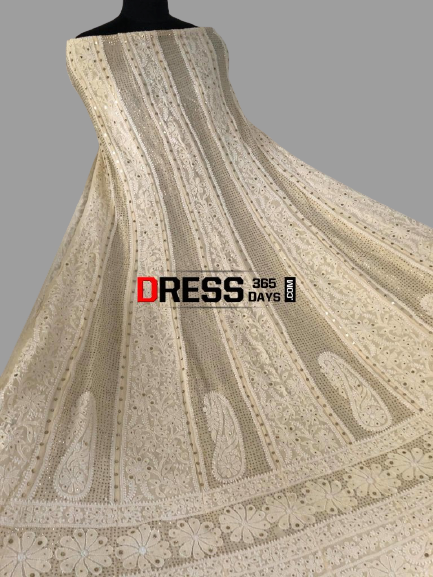 Beige Hand Embroidered Mukaish Chikankari Anarkali Suit - Dress365days