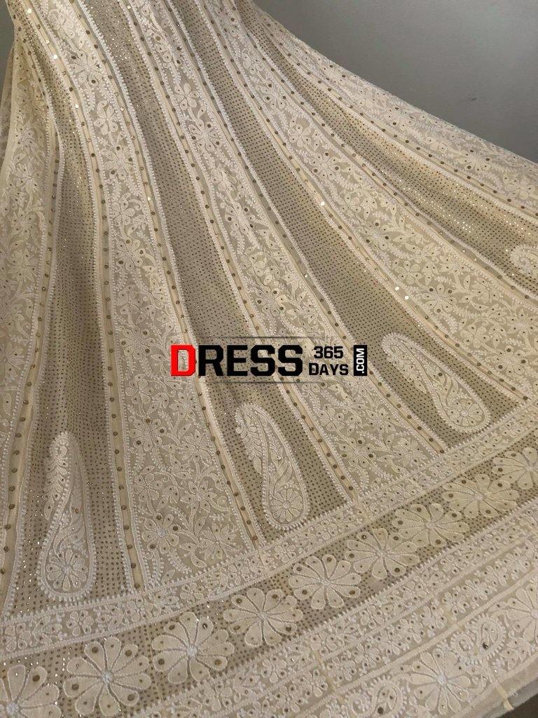 Beige Hand Embroidered Mukaish Chikankari Anarkali Suit