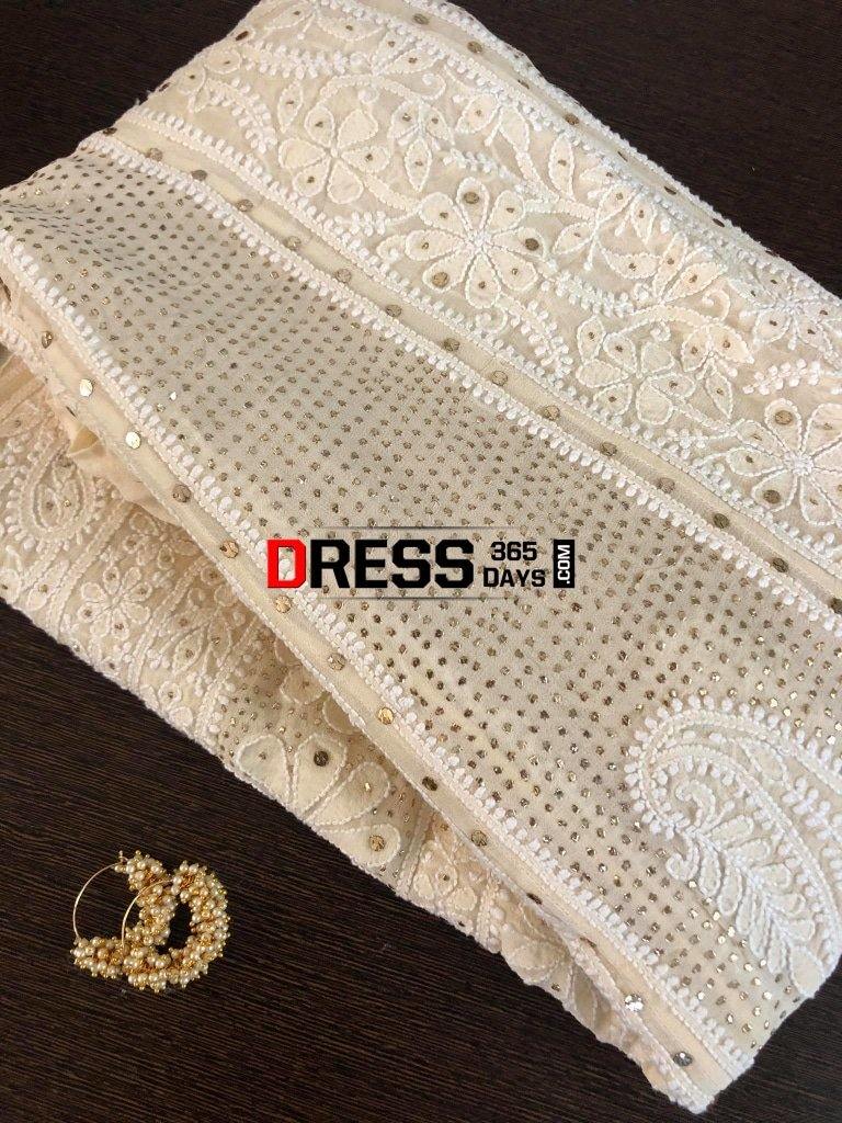 Beige Hand Embroidered Mukaish Chikankari Anarkali Suit