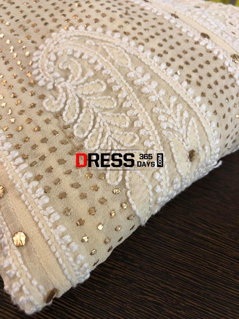 Beige Hand Embroidered Mukaish Chikankari Anarkali Suit