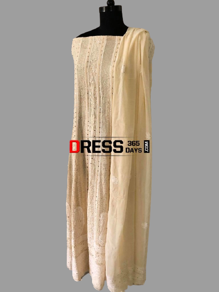 Beige Hand Embroidered Mukaish Chikankari Anarkali Suit - Dress365days