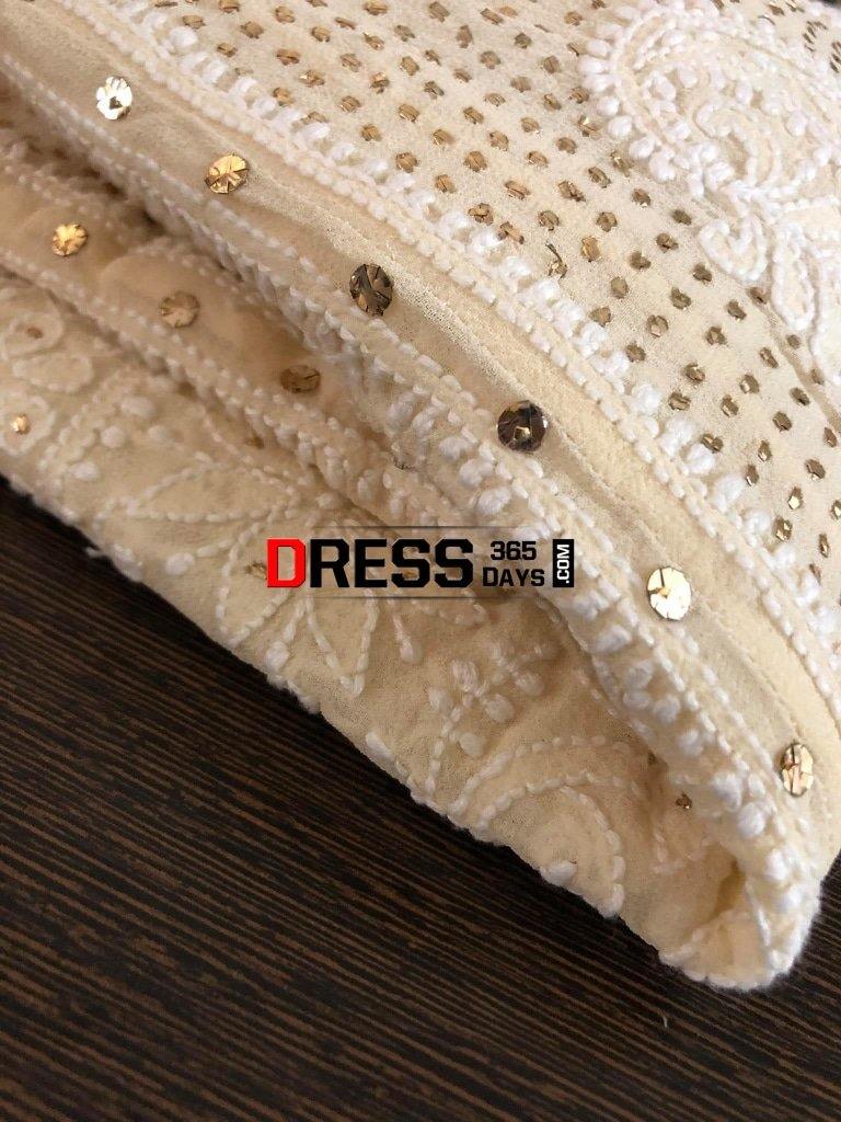 Beige Hand Embroidered Mukaish Chikankari Anarkali Suit