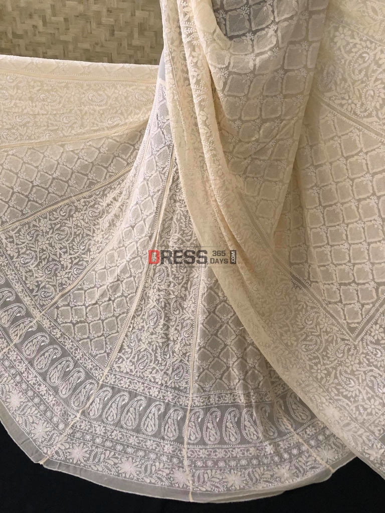 Beige Jaali Work Chikankari Lehenga Set
