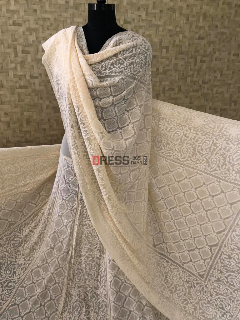 Beige Jaali Work Chikankari Lehenga Set