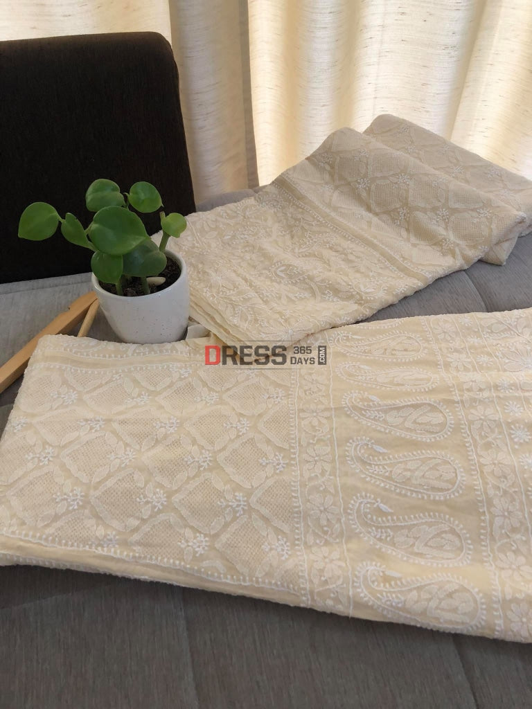 Beige Jaali Work Chikankari Lehenga Set