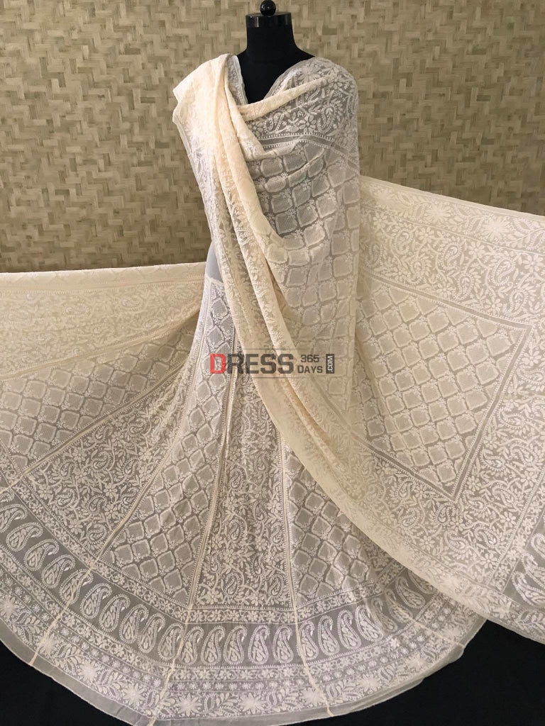 Beige Jaali Work Chikankari Lehenga Set