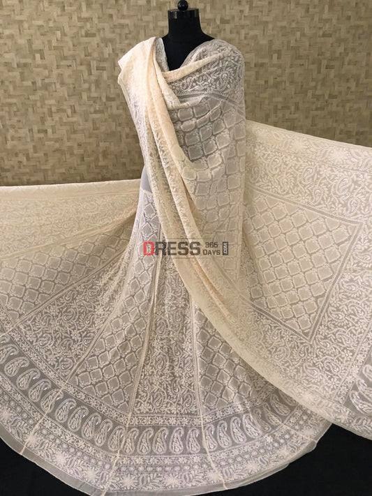 Beige Jaali Work Chikankari Lehenga Set