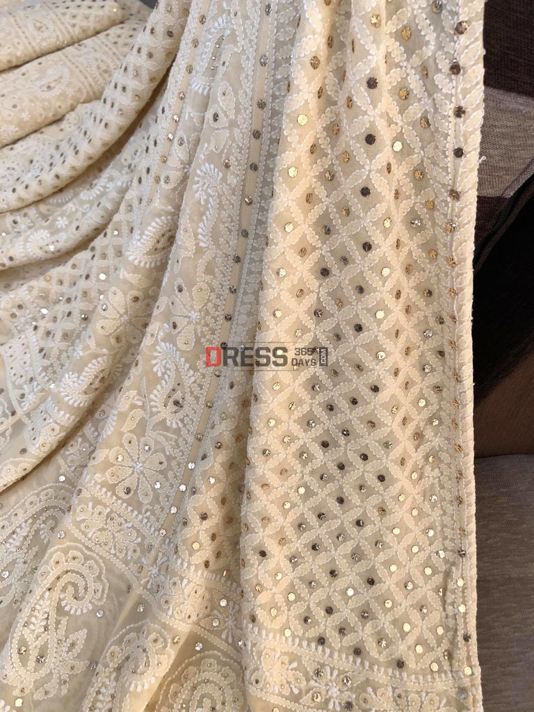 Beige Kamdani Chikankari Lehenga Set