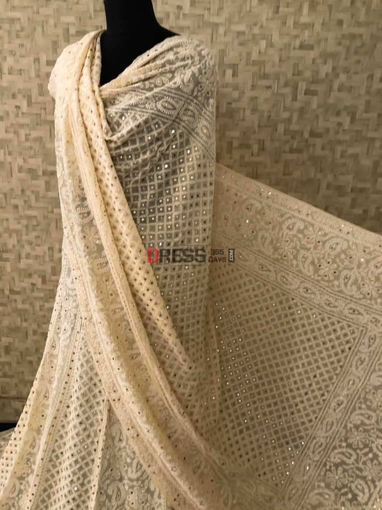 Beige Kamdani Chikankari Lehenga Set