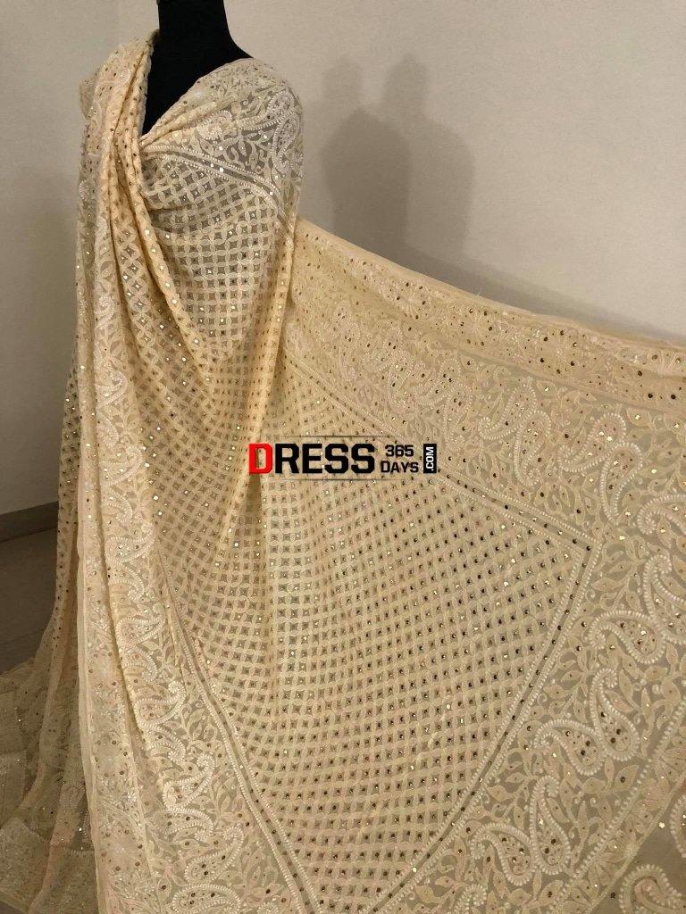 Beige Lucknow Chikankari Mukaish Lehenga Set