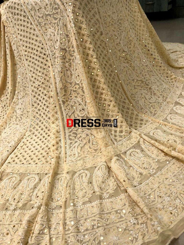 Beige Lucknow Chikankari Mukaish Lehenga Set