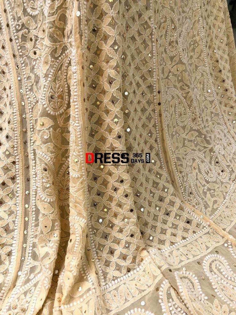 Beige Lucknow Chikankari Mukaish Lehenga Set