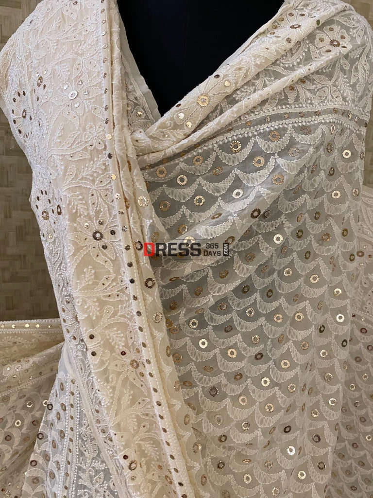 Beige Lucknowi Chikankari Ring Mukaish Lehenga Set
