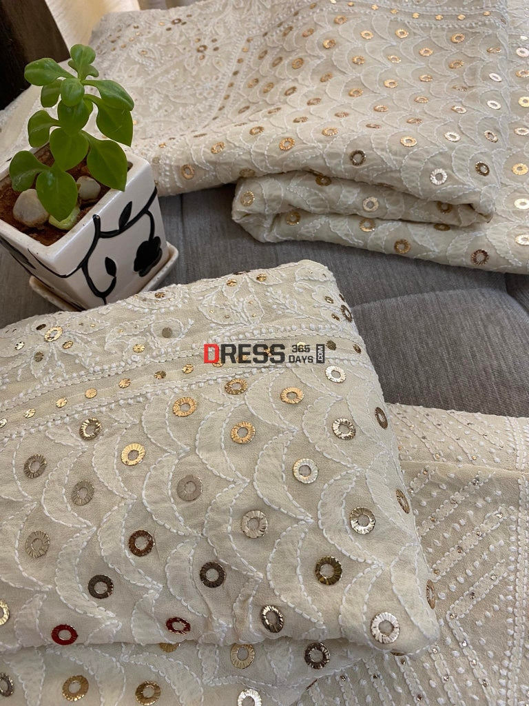 Beige Lucknowi Chikankari Ring Mukaish Lehenga Set