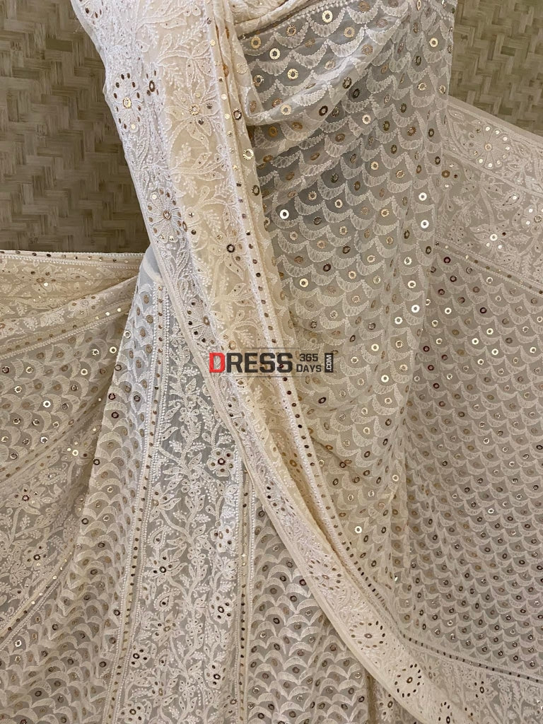 Beige Lucknowi Chikankari Ring Mukaish Lehenga Set
