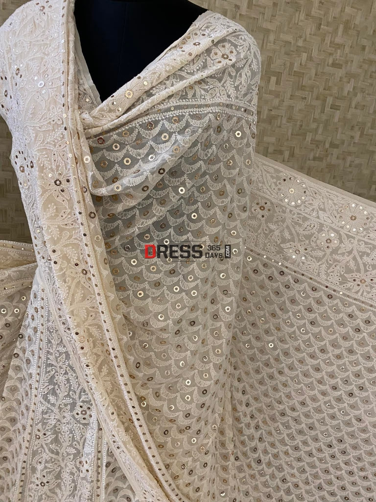 Beige Lucknowi Chikankari Ring Mukaish Lehenga Set