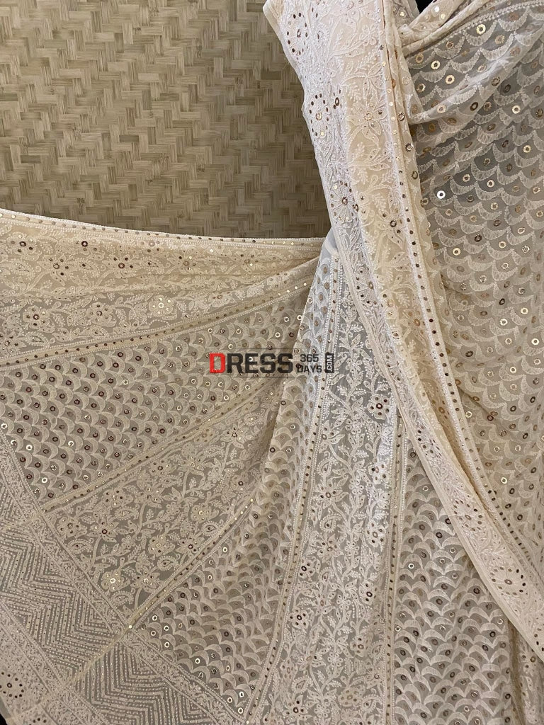 Beige Lucknowi Chikankari Ring Mukaish Lehenga Set