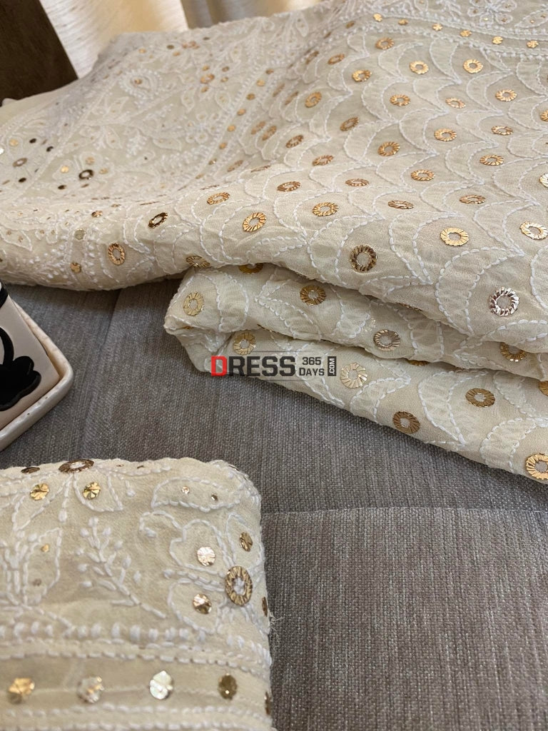 Beige Lucknowi Chikankari Ring Mukaish Lehenga Set