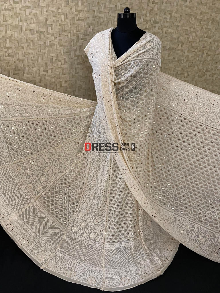 Beige Lucknowi Chikankari Ring Mukaish Lehenga Set