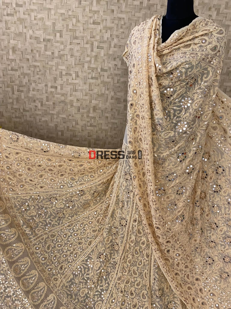 Beige Lucknowi Mirror & Gota Patti Lehenga Set Chikankari