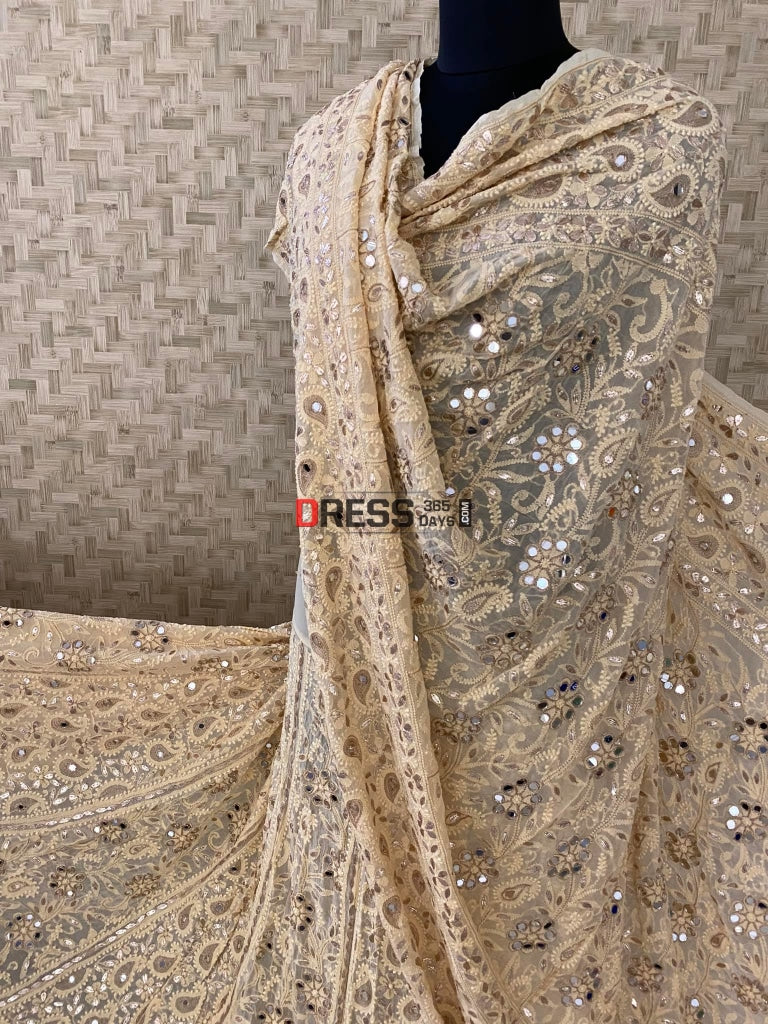 Beige Lucknowi Mirror & Gota Patti Lehenga Set Chikankari