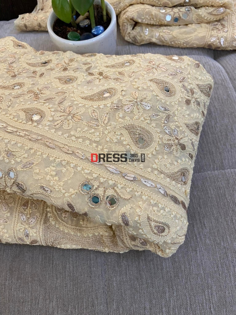 Beige Lucknowi Mirror & Gota Patti Lehenga Set Chikankari