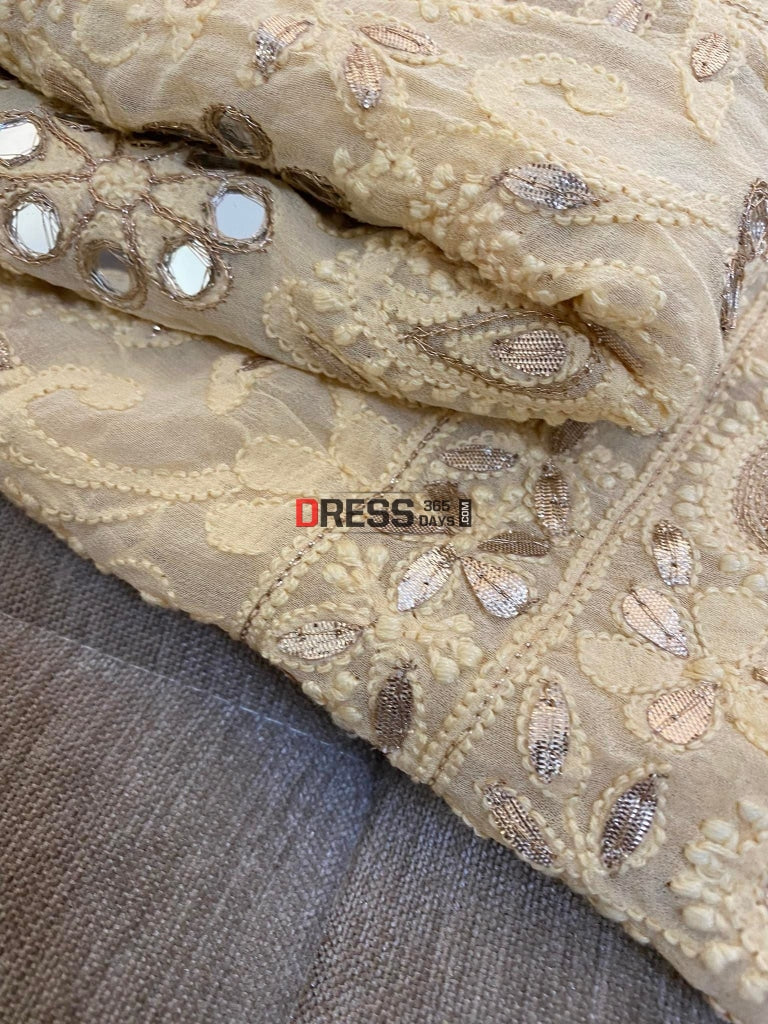 Beige Lucknowi Mirror & Gota Patti Lehenga Set Chikankari