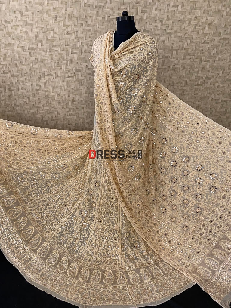 Beige Lucknowi Mirror & Gota Patti Lehenga Set Chikankari