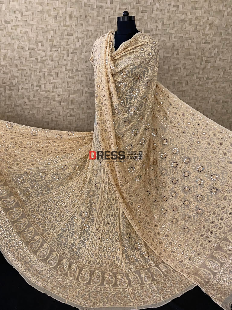 Beige Lucknowi Mirror & Gota Patti Lehenga Set Chikankari