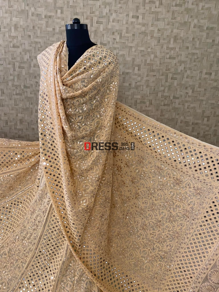 Beige Lucknowi Mirror & Gota Patti Work Lehenga Set Chikankari